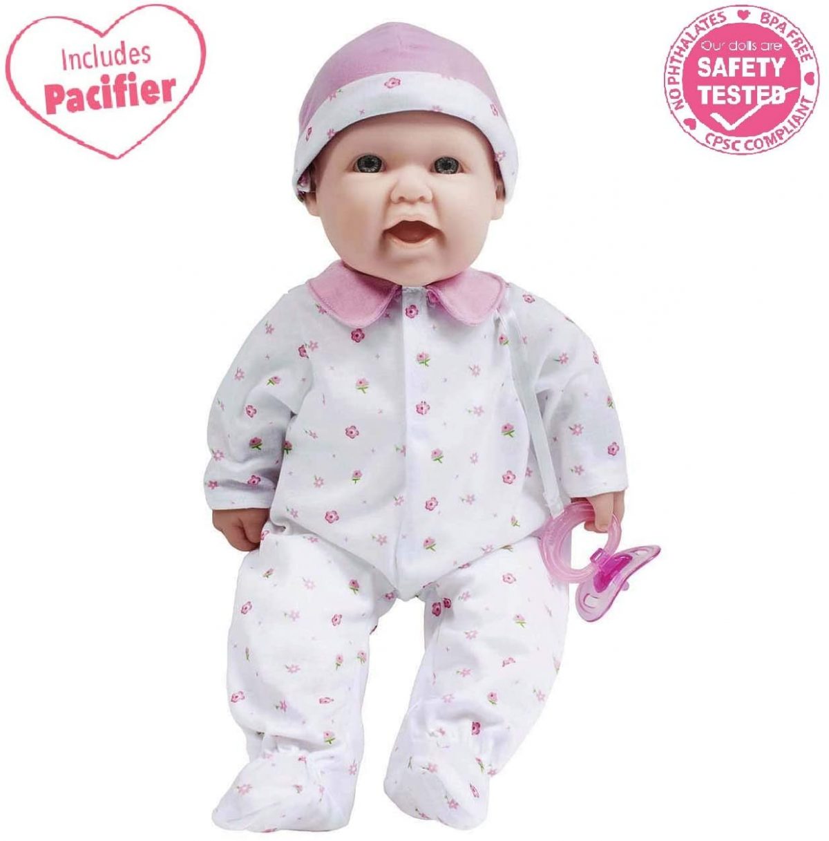 JC Toys Soft Body Baby Doll Removable Purple Outfit Hat and Pacifier