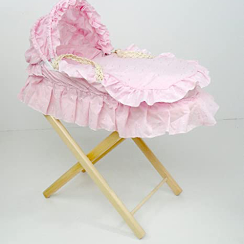 hand made dolls moses basket and stand fits real life doll pink lacy